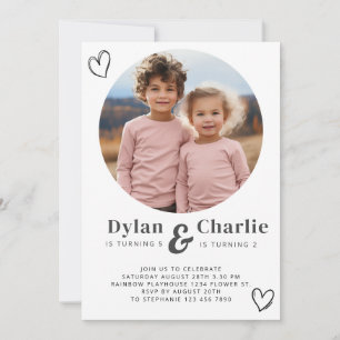 Joint Sibling Portrait Photo Minimal Boho Birthday Invitation