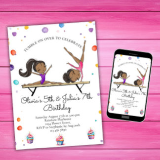 Joint Sisters Dual Sibling Gymnastics Birthday Invitation