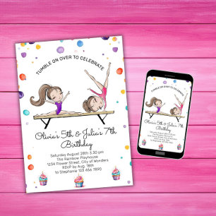 Joint Sisters Dual Sibling Gymnastics Birthday Invitation