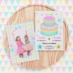Joint Sisters Rainbow Birthday Party Photo Invitation
