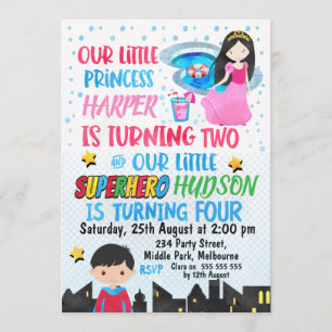 Joint Superhero And Princess Birthday Invitation
