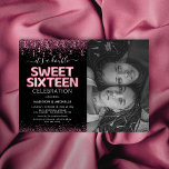 Joint Sweet Sixteen 16th Birthday Party Photo Invitation<br><div class="desc">Modern joint 16th birthday party invitations featuring a stylish black background,  a photo for you to customise with your own,  pink glitter and confetti,  sweet sixteen pink hellium balloons,  and a double celebration template that is easy to personalise.</div>