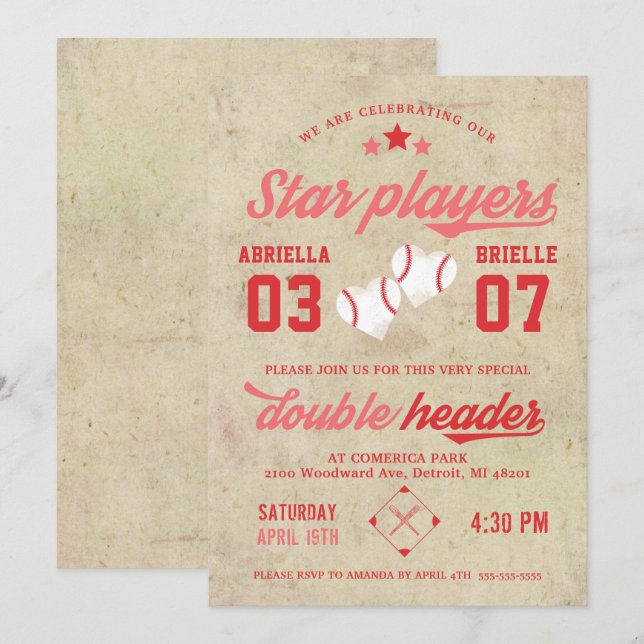 Joint Twin Baseball Birthday Invitation Girl (Front/Back)