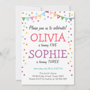 Joint twin birthday party invitation confetti
