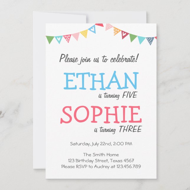 Joint twin birthday party invitation girl and boy (Front)