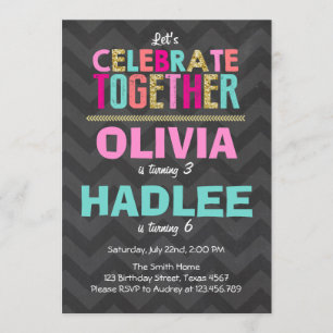 Joint twin birthday party invitation Girls pink