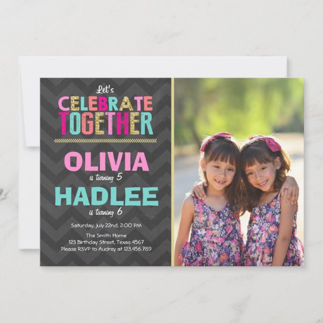 Joint twin birthday party invitation Girls pink (Front)