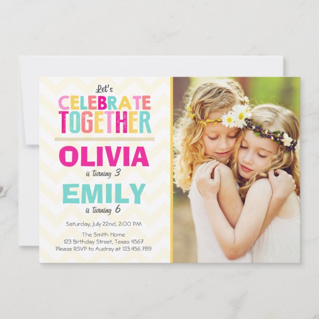 Joint twin birthday party invitation Girls Pink (Front)