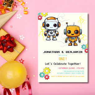Joint Twin Boys Birthday Cute Robots Futuristic  Invitation