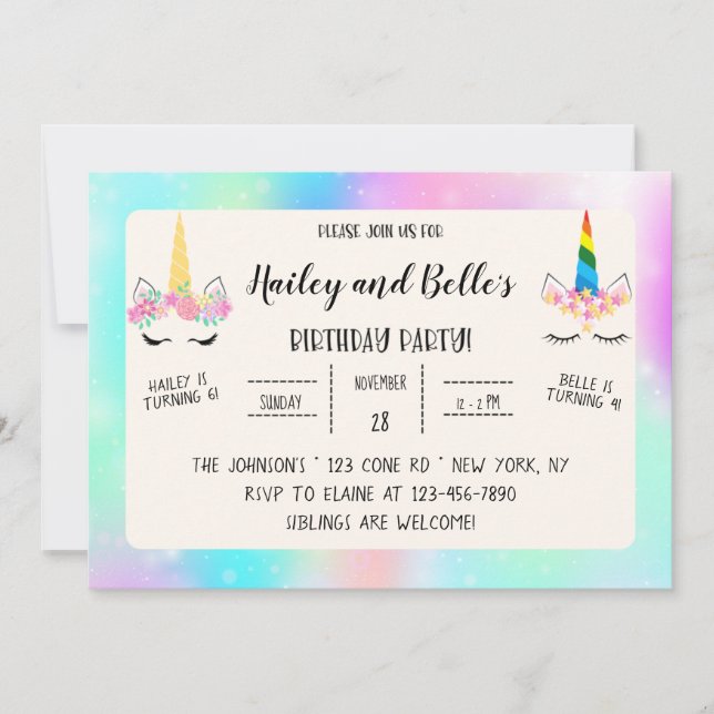 Joint Unicorn Birthday Invitation (Front)