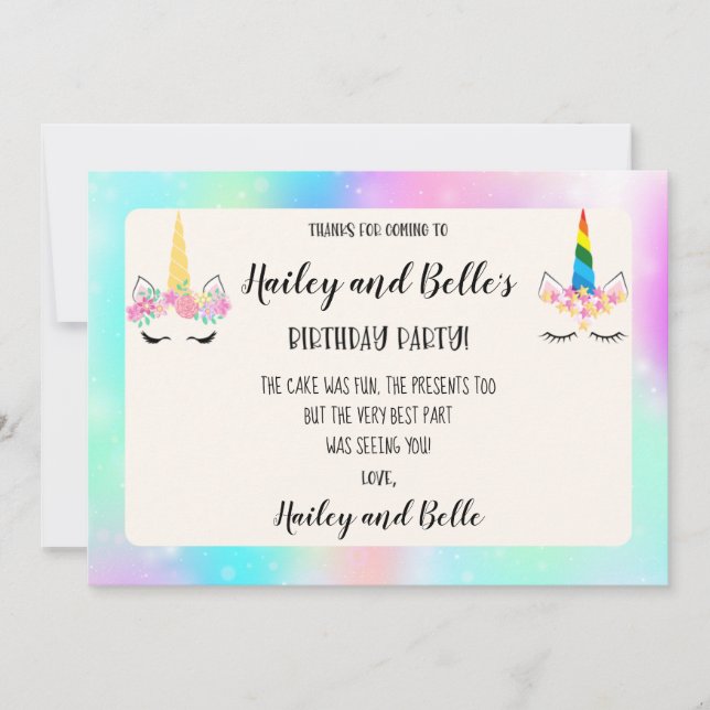 Joint Unicorn Birthday Thank You Card (Front)