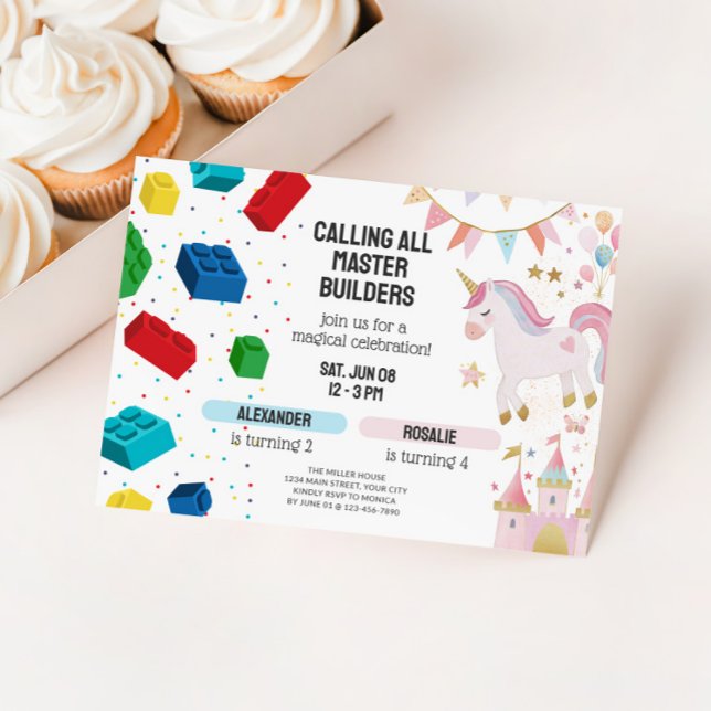 Joint Unicorn & Building Blocks Birthday Invitation (Joint Sibling Birthday Invitation - Unicorns and Building Blocks)