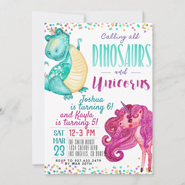 Joint Unicorn Dinosaur Birthday Invitation (Front)