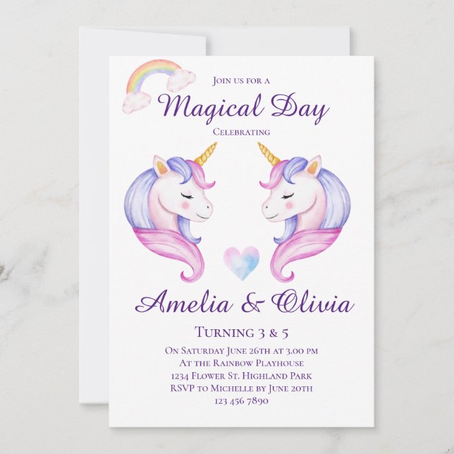 Joint Unicorn Sisters Dual Siblings Birthday Party Invitation (Front)