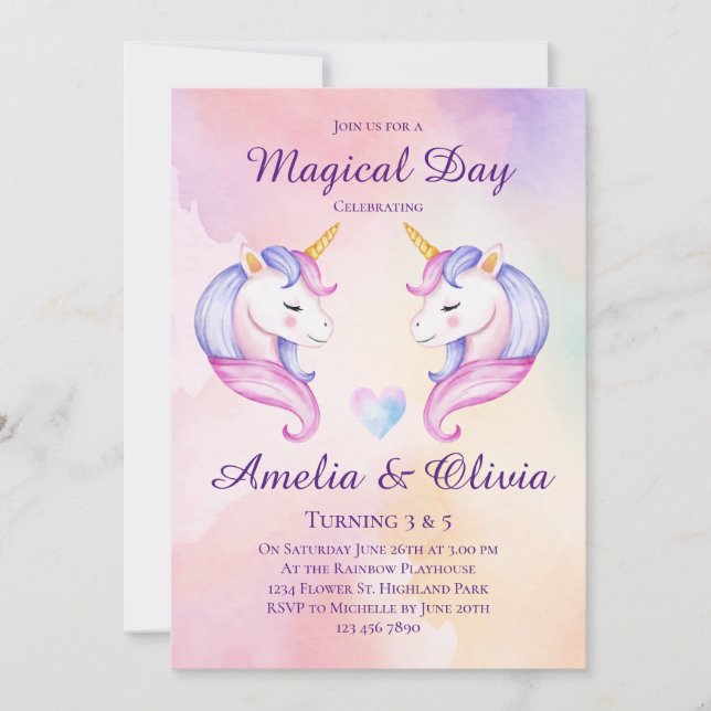 Joint Unicorn Sisters Dual Siblings Birthday Party Invitation (Front)