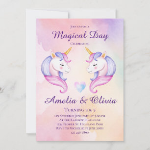 Joint Unicorn Sisters Dual Siblings Birthday Party Invitation