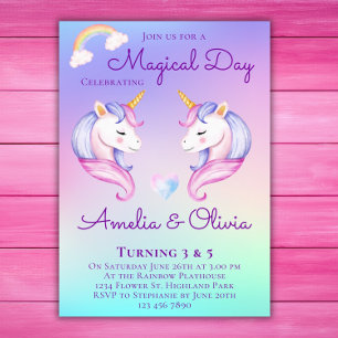 Joint Unicorn Sisters Twin Siblings Birthday Party Invitation