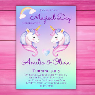 Joint Unicorn Sisters Twin Siblings Birthday Party Invitation