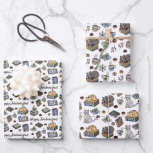 Jolabokaflod Books, Cats, and Cocoa Christmas Gift Wrapping Paper Sheet