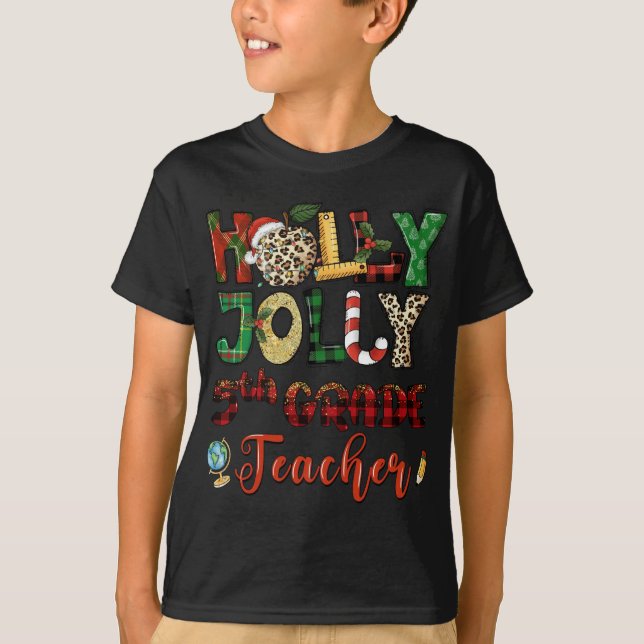 Jolly 5th grade teacher Leopard Red Plaid Christma T-Shirt (Front)