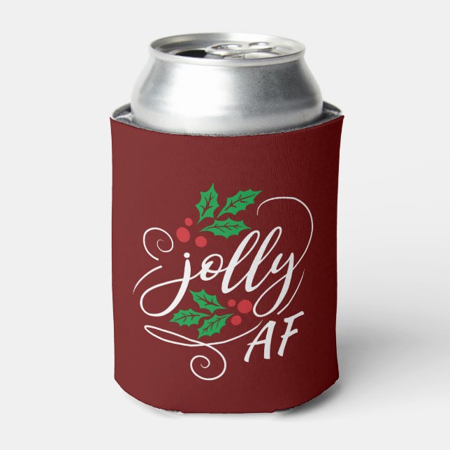 Jolly AF Christmas Beer Drinking Humour Red Can Cooler (Can Front)
