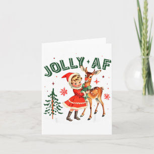 Jolly Af Christmas Retro 50s Cute Girl And Deer Vi Card