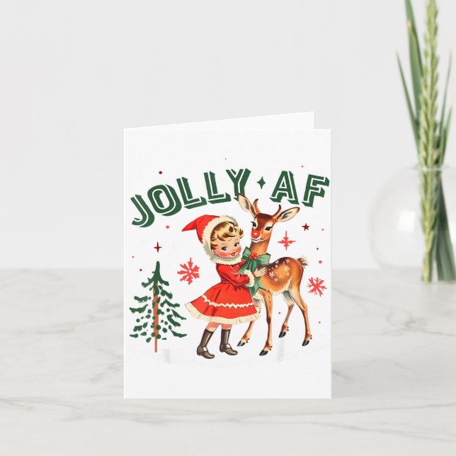 Jolly Af Christmas Retro 50s Cute Girl And Deer Vi Card (Front)