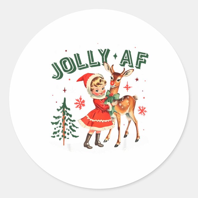 Jolly Af Christmas Retro 50s Cute Girl And Deer Vi Classic Round Sticker (Front)