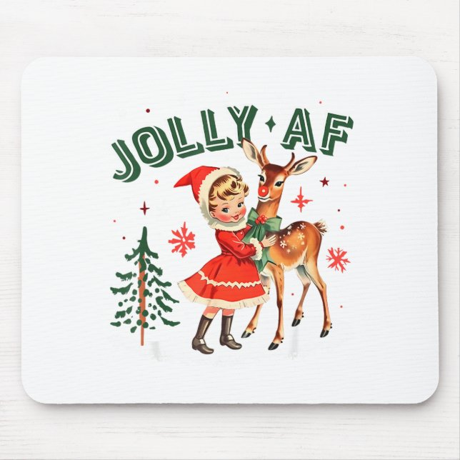 Jolly Af Christmas Retro 50s Cute Girl And Deer Vi Mouse Mat (Front)