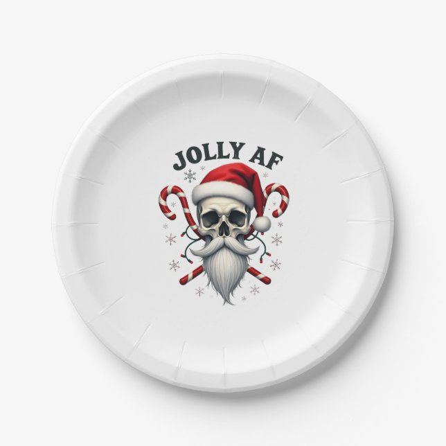 Jolly Af Christmas Skull Santa Hat Happy Xmas Holi Paper Plate (Front)