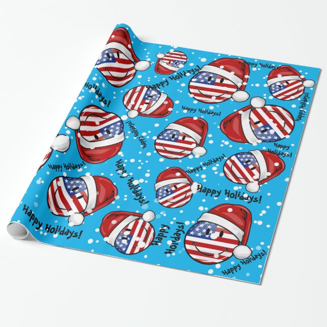 Jolly American Flag Christmas Style Wrapping Paper (Unrolled)