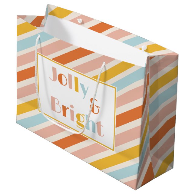 Jolly and Bright Colourful Retro Stripe Christmas Large Gift Bag (Front Angled)