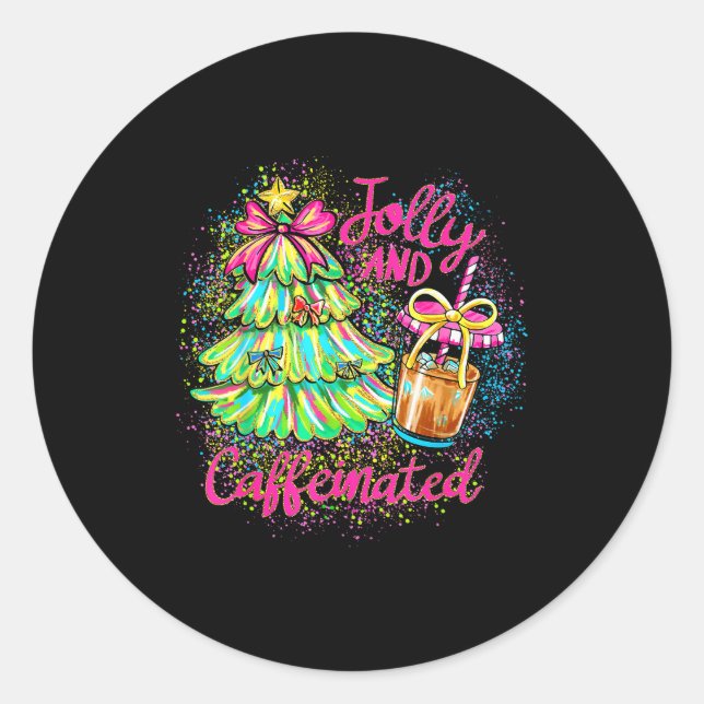 Jolly And Caffeinated Christmas Tree Coquette Bow  Classic Round Sticker (Front)