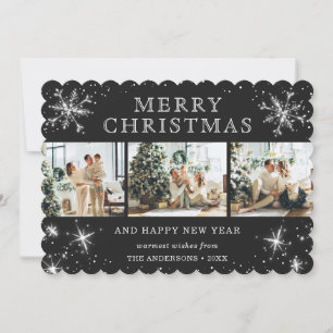 Jolly Black Silver Sparkly Snowflake Photo Collage Holiday Card