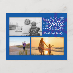 Jolly Blue Christmas Snowflake Photo Postcard