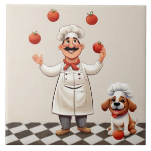Jolly Chef: French Cook Juggling Tomatoes with dog Tile