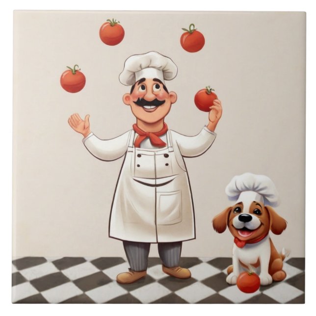 Jolly Chef: French Cook Juggling Tomatoes with dog Tile (Front)
