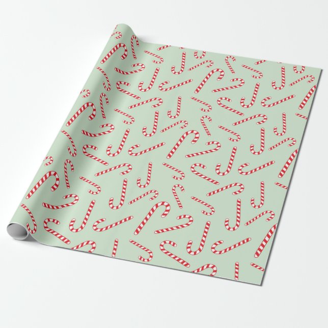 Jolly Christmas Candy Cane Light Green Seamless Wrapping Paper (Unrolled)