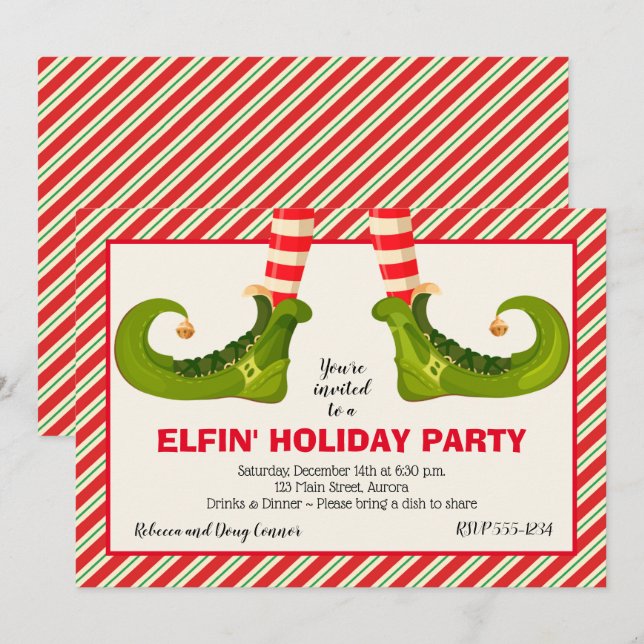 Jolly Christmas Elf Legs Stripes Holiday Invites (Front/Back)