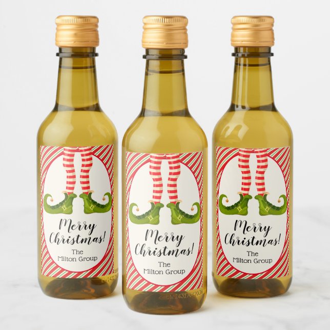Jolly Christmas Elf Legs Stripes Holiday Mini Wine Label (Bottles)