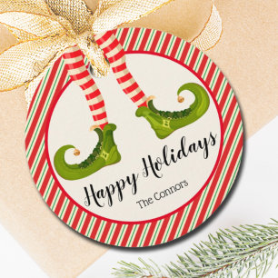 Jolly Christmas Elf Legs Stripes Holiday ROUND Favour Tags