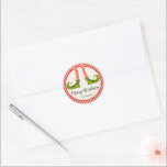 Jolly Christmas Elf Legs Stripes Holiday Small Classic Round Sticker<br><div class="desc">Fun elf legs wearing red and ivory striped tights and green boots with jingle bells, and your holiday Christmas details in chic lettering, these small stickers are beautiful for party favours, gifts, invitation envelopes, homemade food gifts and more. ***ALL SHAPES are already done for you in our store plus see...</div>