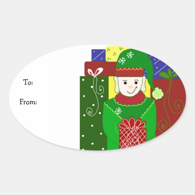 Jolly Christmas Elf Oval Sticker (Front)