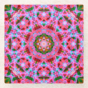 Jolly Christmas Pink Green Red Merry Star Pattern Glass Coaster