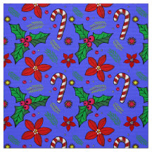 Jolly Christmas Poinsettia Holly Candy Cane fabric