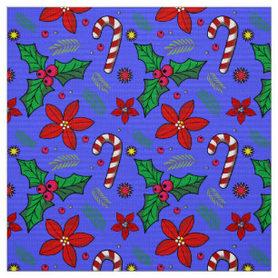 Jolly Christmas Poinsettia Holly Candy Cane fabric
