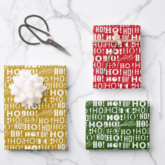 Jolly Christmas Red Green and Gold "HO! HO! HO! Wrapping Paper Sheet (Front)