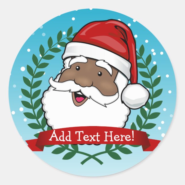 Jolly Ethnic Santa Custom Text Classic Round Sticker (Front)