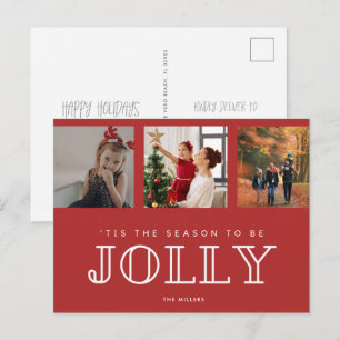 Jolly Family Three Photo Christmas Red Holiday Postcard