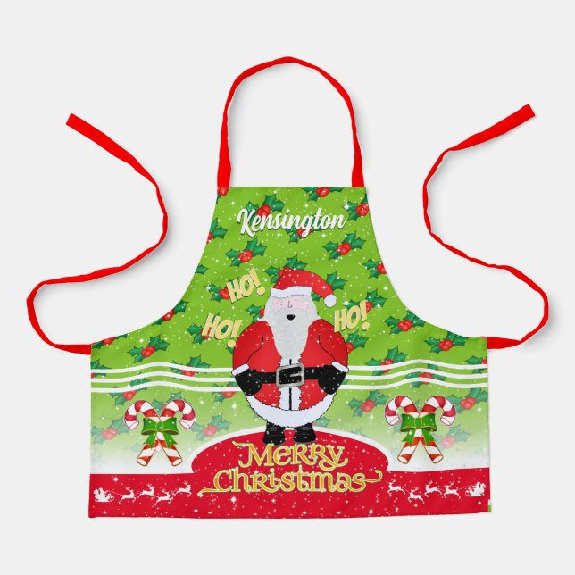 Jolly Fat Santa with Candy Cane and Holly on Green Apron (Front)